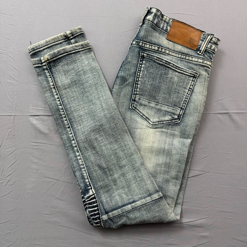 Waimea Mens Skinny Fit Biker Moto Jeans Light Wash Distressed Blue 34x32